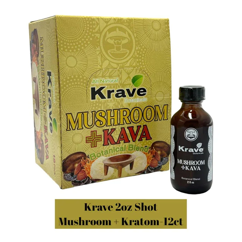 Krave Kratom Mushroom + Kava Botanical Blend Display 12 Bottles Per Pack 2 fl oz Per Bottle