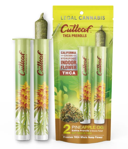 Cutleaf Pineapple OG Sativa Prerolls Indoor Flower THCA Display 10 Packs Per Box 2 Prerolls Per Pack