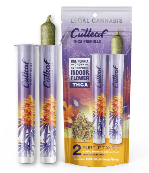Cutleaf Purple Tangie Sativa Prerolls Indoor Flower THCA Display 10 Packs Per Box 2 Prerolls Per Pack