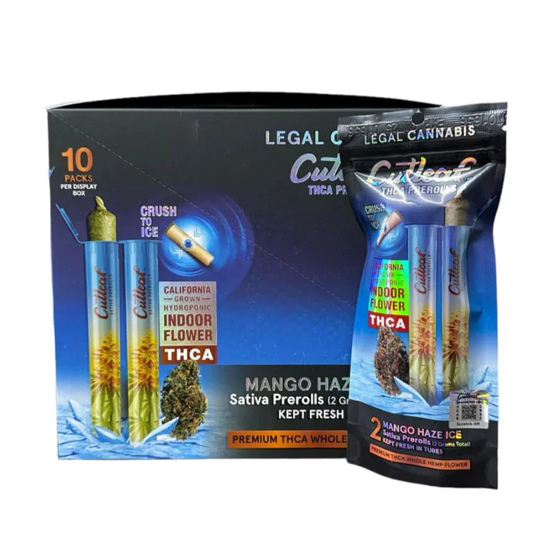 Cutleaf Mango Haze Ice Sativa Prerolls Indoor Flower THCA Display 10 Packs Per Box 2 Prerolls Per Pack