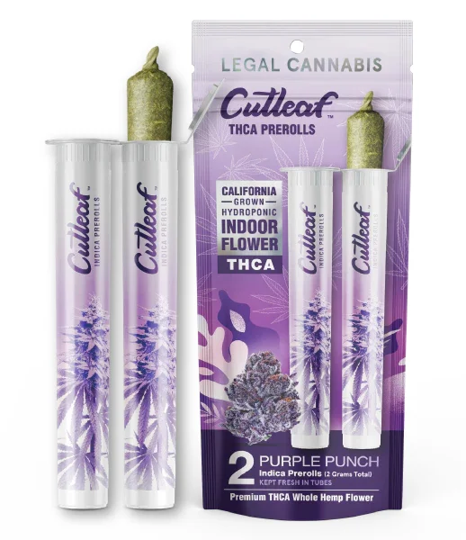 Cutleaf Purple Punch Indica Prerolls Indoor Hemp Flower THCA Display 10 Packs Per Box 2 Prerolls Pre Pack
