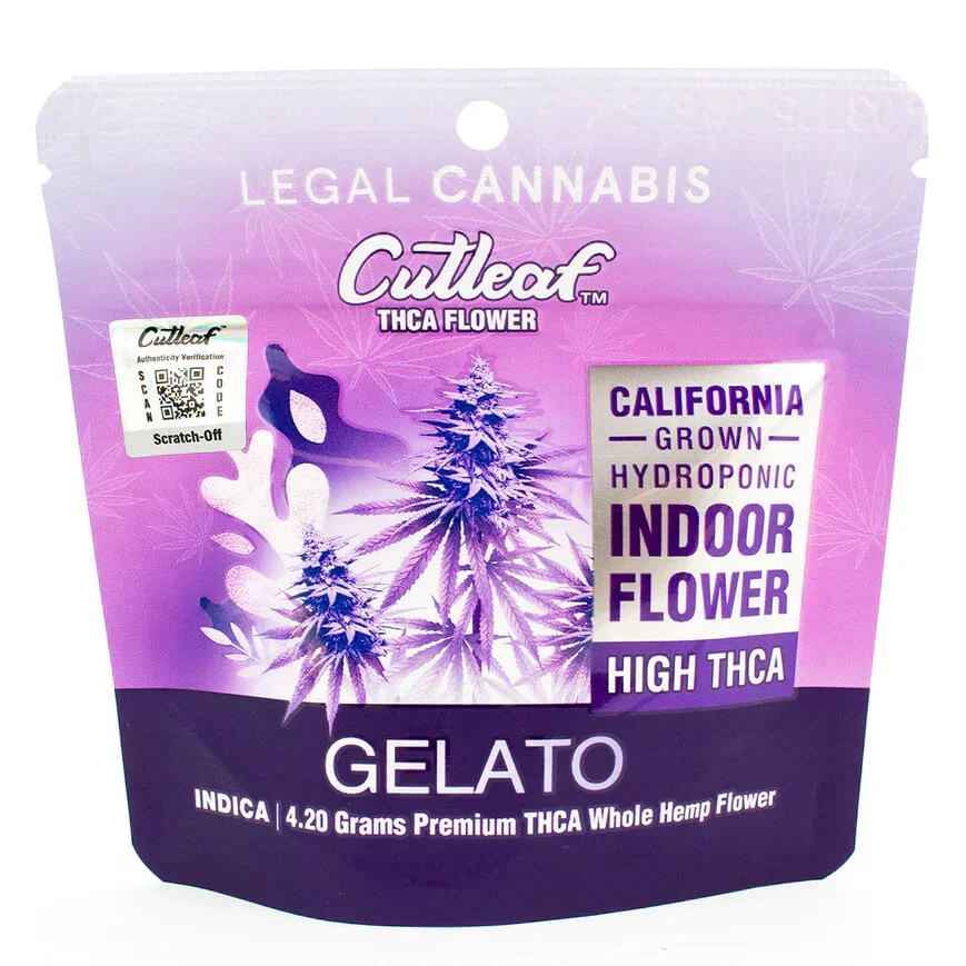 Cutleaf Gelato Indica Indoor Hemp Flower 4.20 Grams THCA Display 10 Packs Per Box