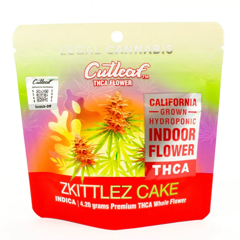Cutleaf Zkittlez Cake Indica Indoor Hemp Flower 4.20 Grams THCA Display 10 Packs Per Box