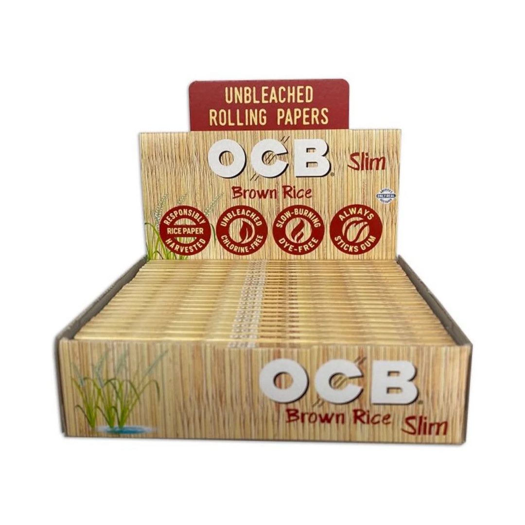 OCB Slim Brown Rice Unbleached Rolling Papers + Tips Box Cntains 24 Packs Per Box
