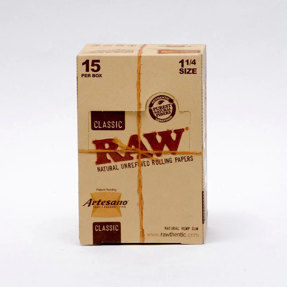 RAW Artesano Rolling Papers 1 1/4 Size Classic 15 Packs Per Box - 50 Tips Per Pack - 50 Leaves Per Pack