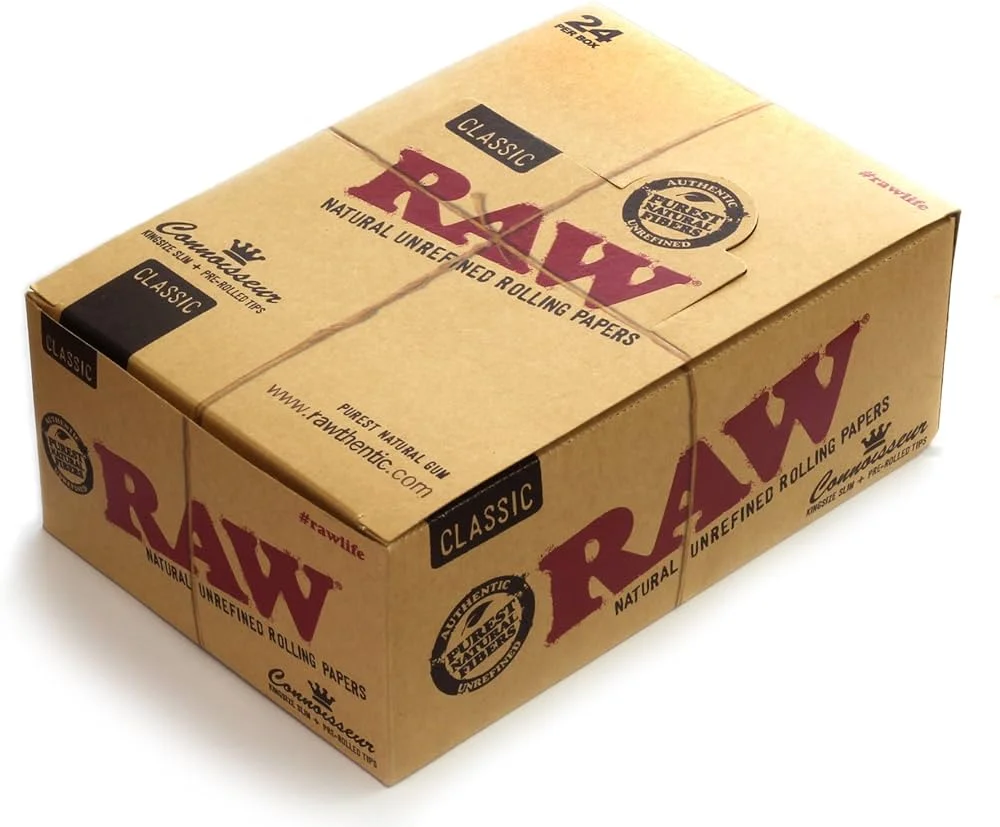 RAW Connoesseur Rolling Papers King Size + Tips Classic 24 Packs Per Box - 32 Leaves Per Pack - 32 Tips Per Pack