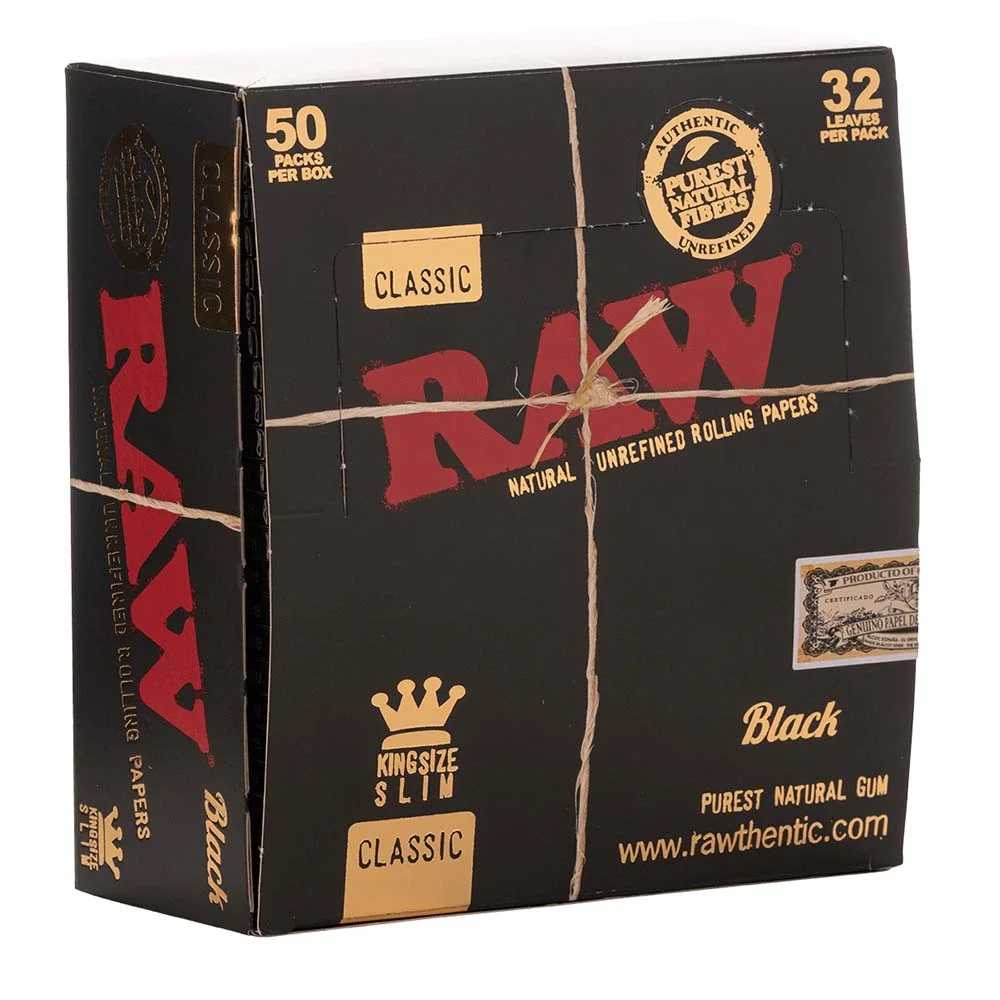 RAW Rolling Papers Black Classic King Size Slim 50 Packs Per Box - 32 Leaves Per Pack