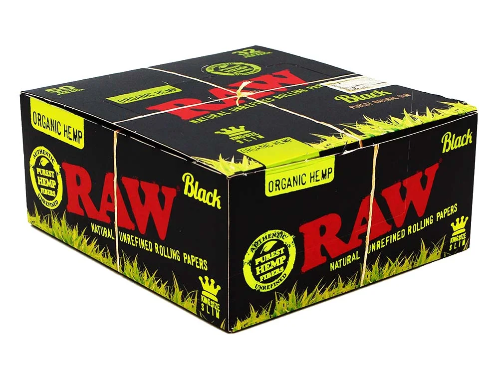 RAW Rolling Papers Black Classic King Size Slim Organic Hemp 50 Packs Per Box - 32 Leaves Per Pack