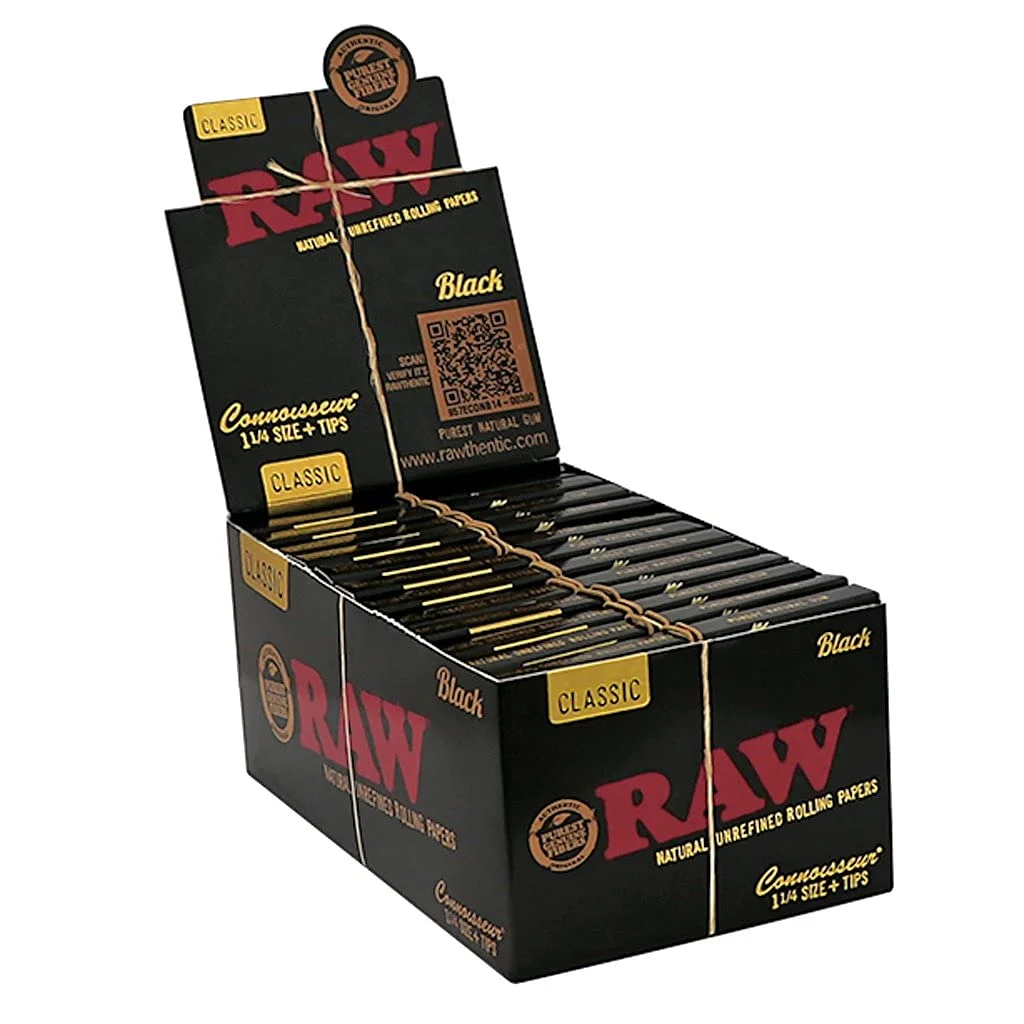 RAW Rolling Papers Black Classic Connesseur 1 1/4 Size + Tips 24 Packs Per Box - 50 Leaves Per Pack - 50 Tips Per Pack