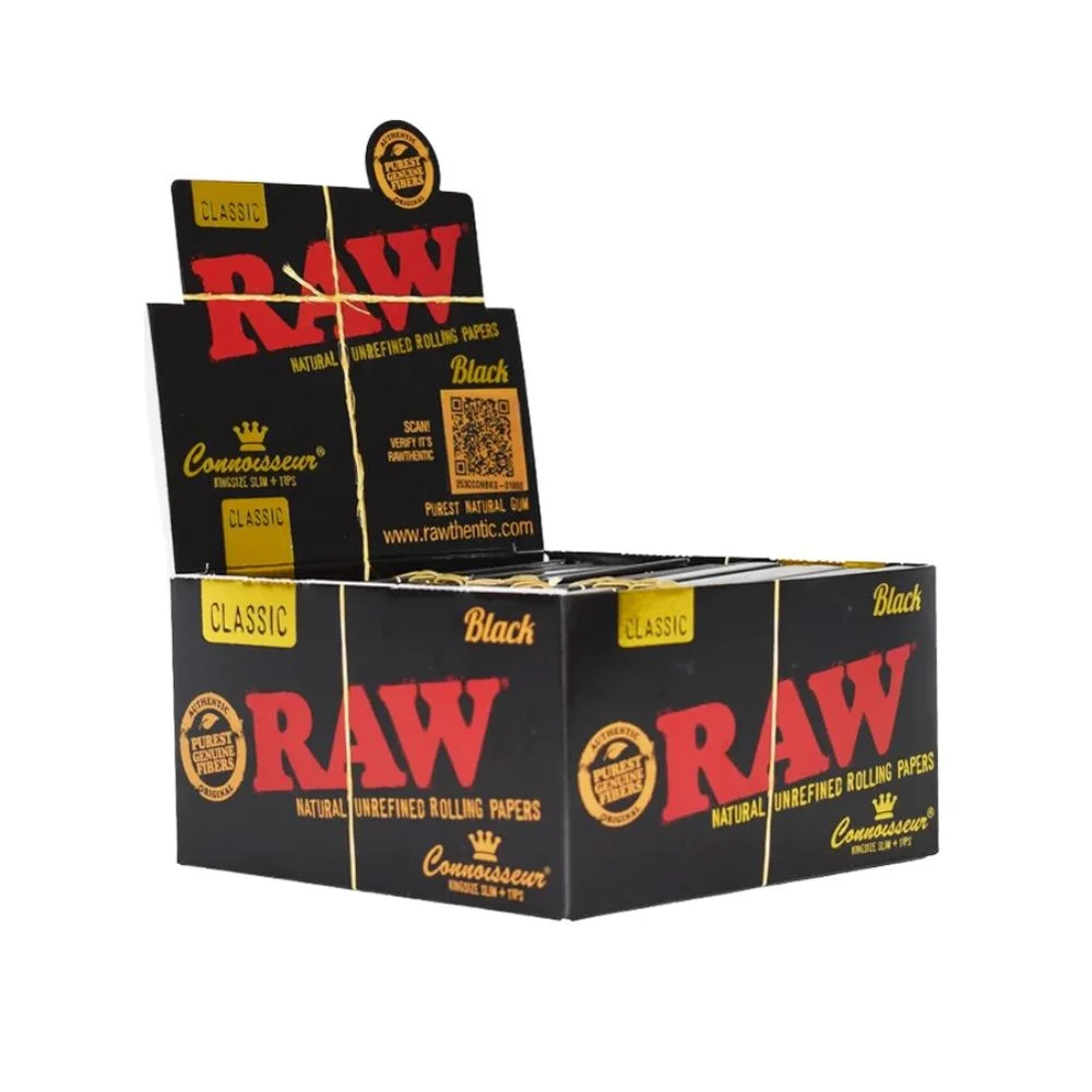 RAW Rolling Papers Black Classic connesseur King Size Slim + Tips 24 Packs Per Box - 32 Leaves Per Pack - 32 Tips Per Pack