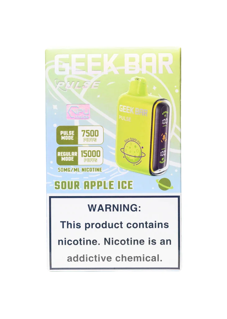Geek Bar Sour Apple Ice Disposable Display Pulse Mode 7500 Puffs Regular Mode 15000 Puffs 5 PCS Per Pack